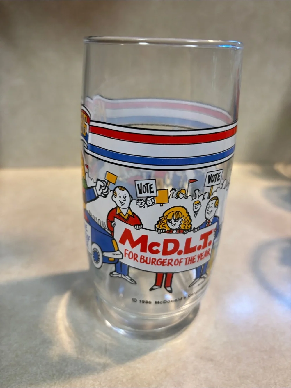 1986 Vintage McVote McD.L.T. Burger of Year McDonalds Election Collectable Glass